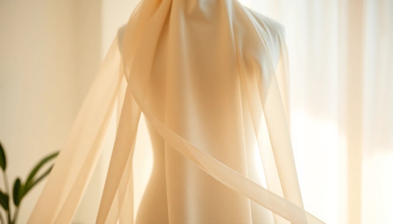 Chiffon stof elegant gedrapeerd op een paspop met een zachte, luchtige textuur.