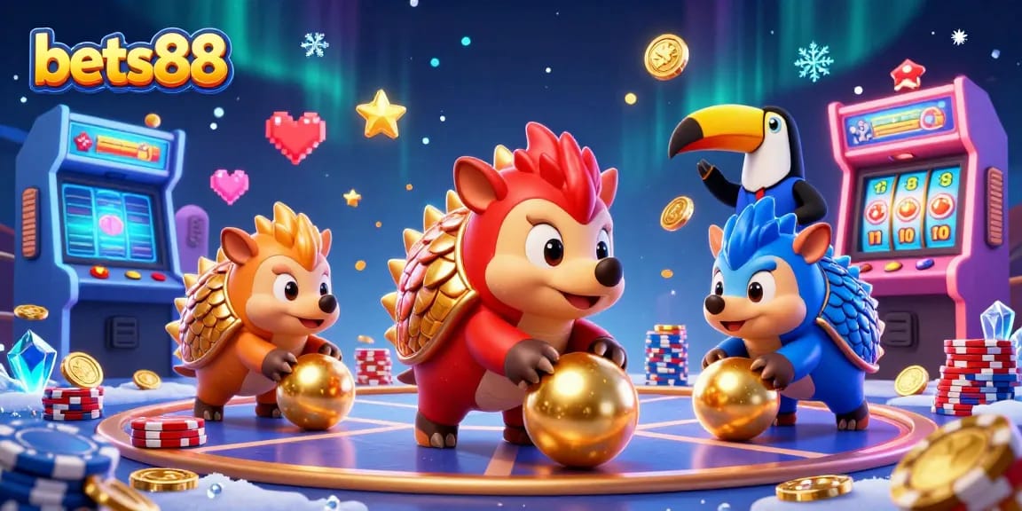 Experience the thrilling action at bets88 as rival pangolins compete, bowling through poker chips and slot elements.