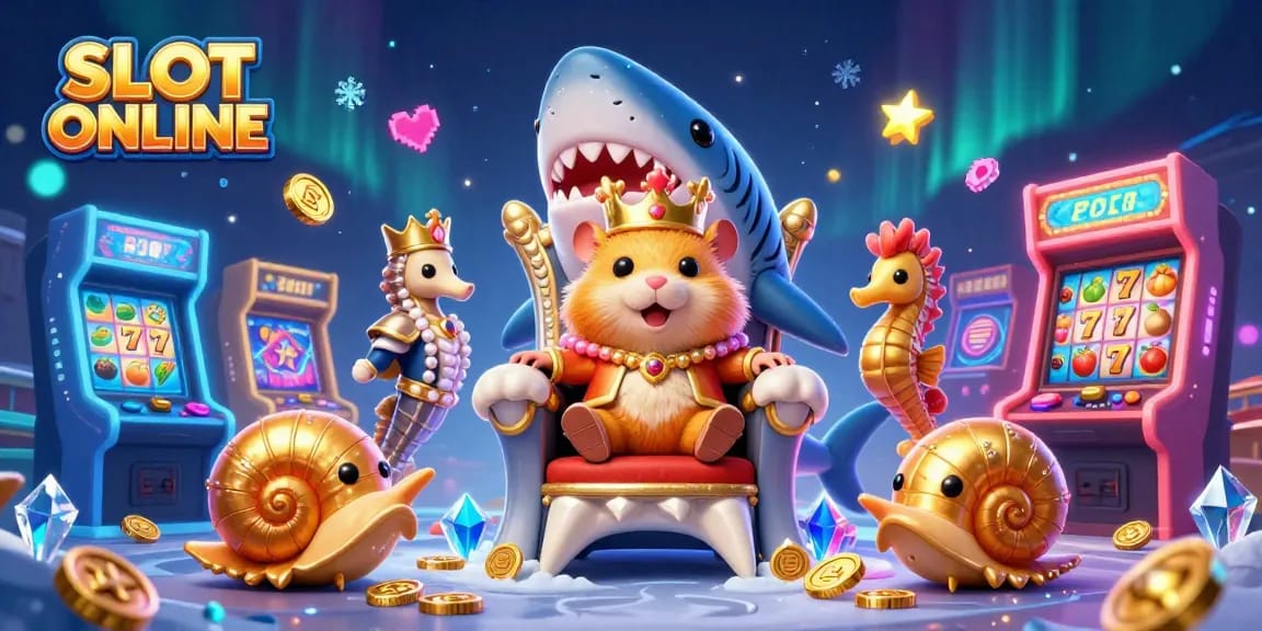 Experience the thrill of SLOT ONLINE with a golden hamster king in a vibrant, dynamic casino scene.