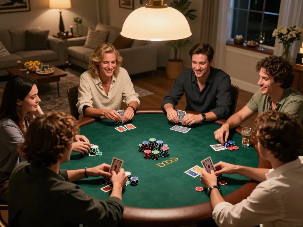 Các người chơi LUCK8 thưởng thức một trận Texas Hold'em chiến lược trong một buổi tối poker thân thiện tại nhà.