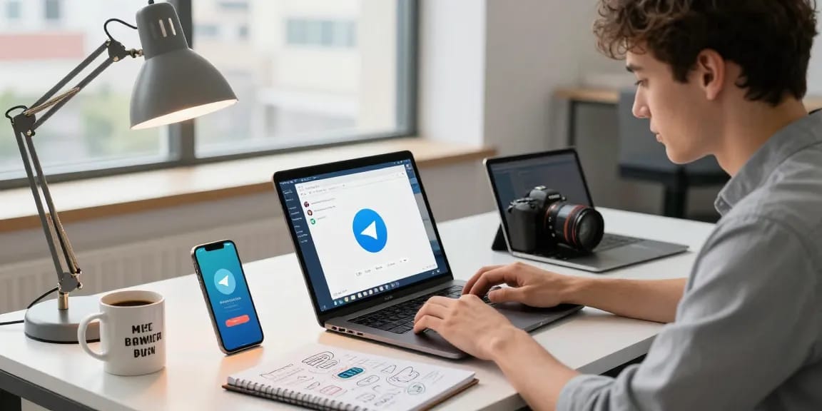 Effective Telegram Download workspace with professional using a laptop to communicate seamlessly in a bright office environment.