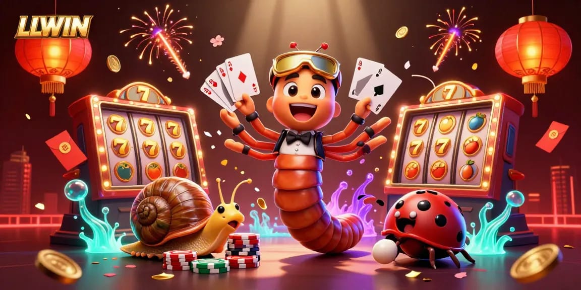 Engage with LLWIN's vibrant 3D casino scene showcasing a millipede dealer, snail high-roller, and thrilling slot elements.