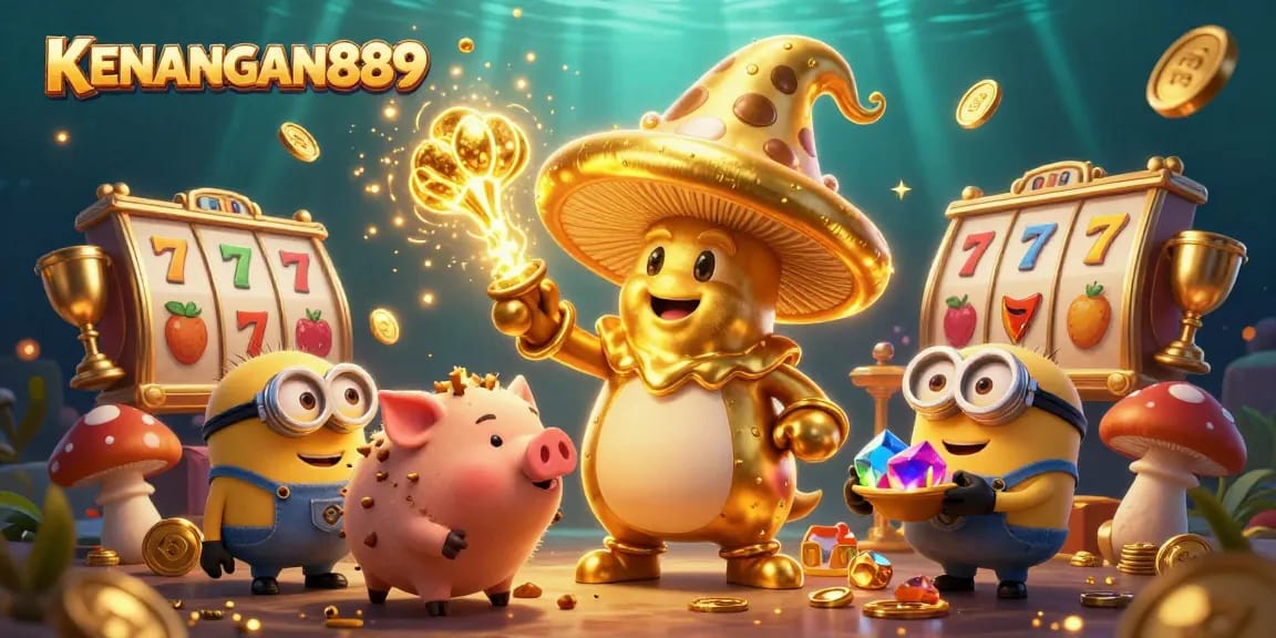 KENANGAN889 enchants players with golden mushroom wizard amidst dynamic slot reels and gold coins.