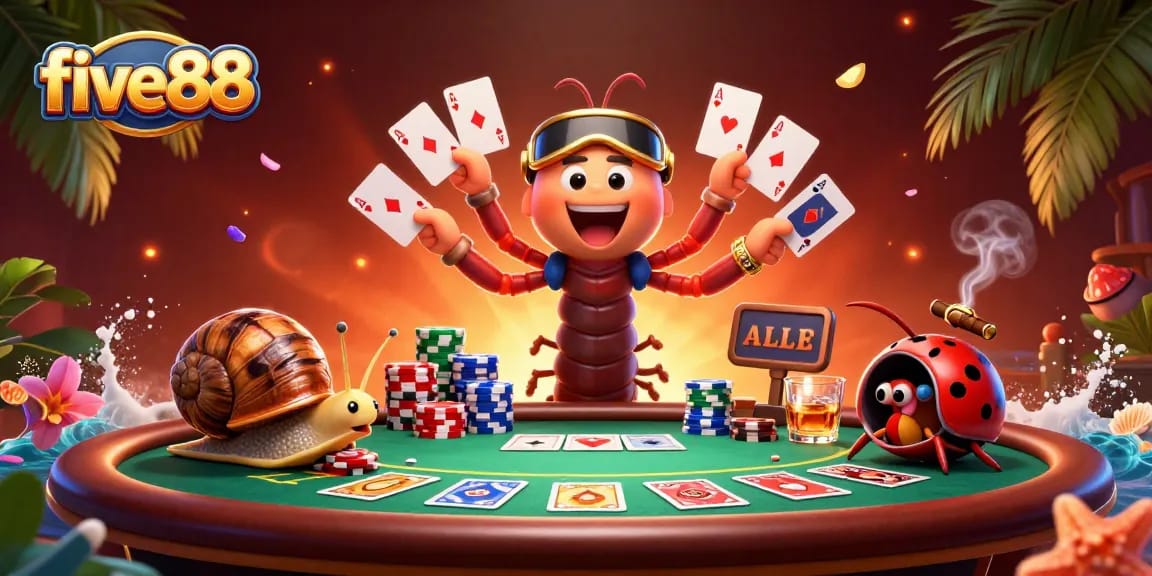 Experience the thrill of five88 with a vibrant poker scene featuring a colorful dealer and high-roller action.