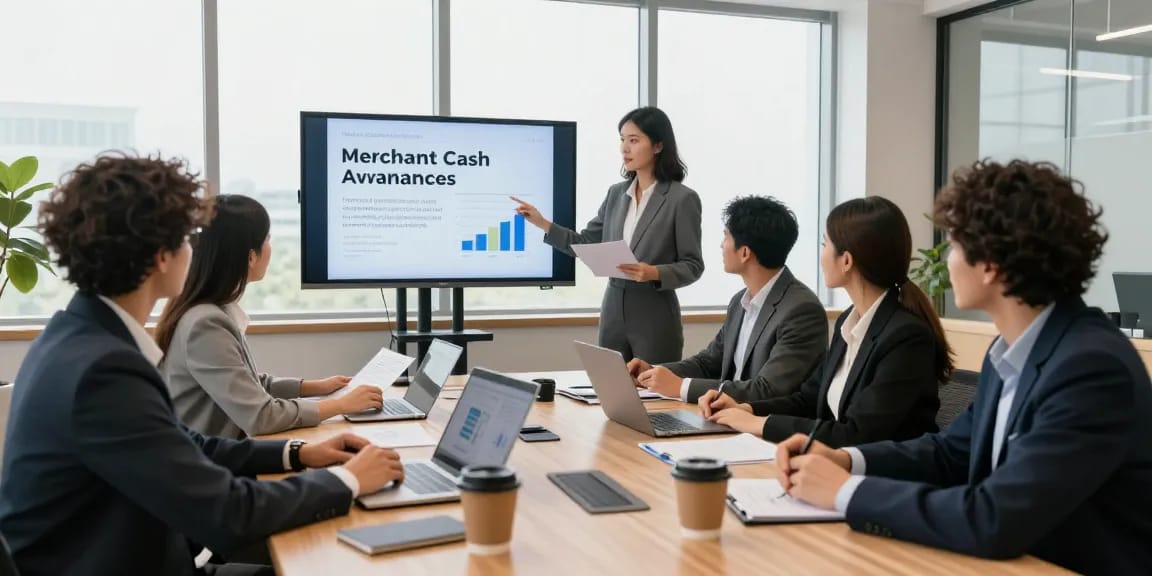 Engaged team discussing merchant cash advance companies in a modern office.