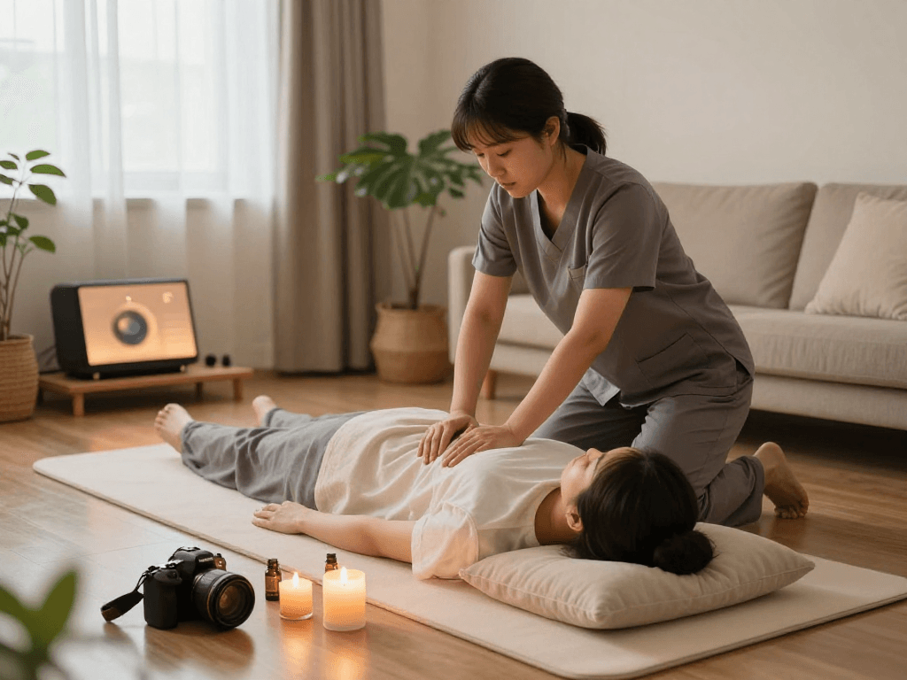 Relaxing 부평출장마사지 scene with a therapist providing a soothing massage in a cozy living room.