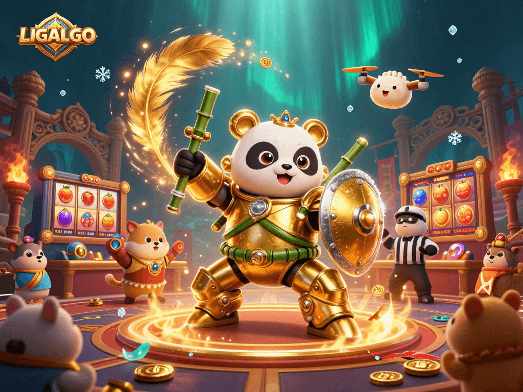 LIGALGO inspires excitement in this dynamic casino scene featuring a mech-suit panda, slot machines, and winning symbols.