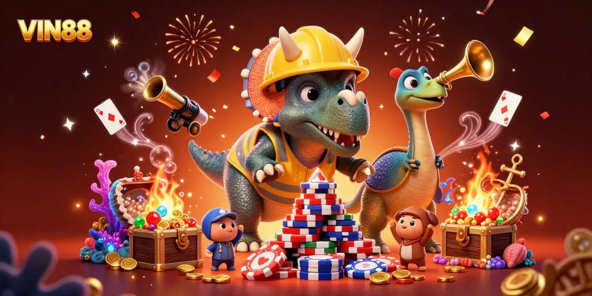 VIN88 invites gamblers to celebrate wins with a 3D cartoon scene of poker chips and joyful creatures.