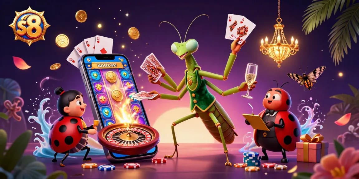 S8 delivers dynamic gaming with a 3D mantis card sharp and ladybug pit boss engaging players in exciting casino action.