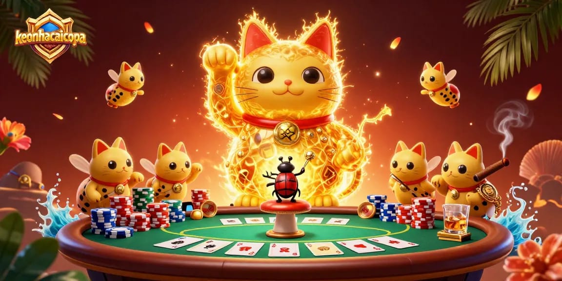 Engage with keonhacaicopa's vibrant gaming scene shaped by lucky cat fireflies and dynamic poker elements.