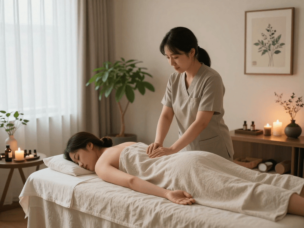 Relaxing 부천출장마사지 therapy session in a tranquil studio with soothing ambiance.