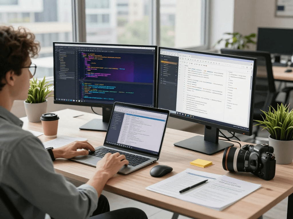 在WPS Office下载官网的现代软件开发工作空间中，开发者在多监视器上编程，营造出高效和创新的氛围。