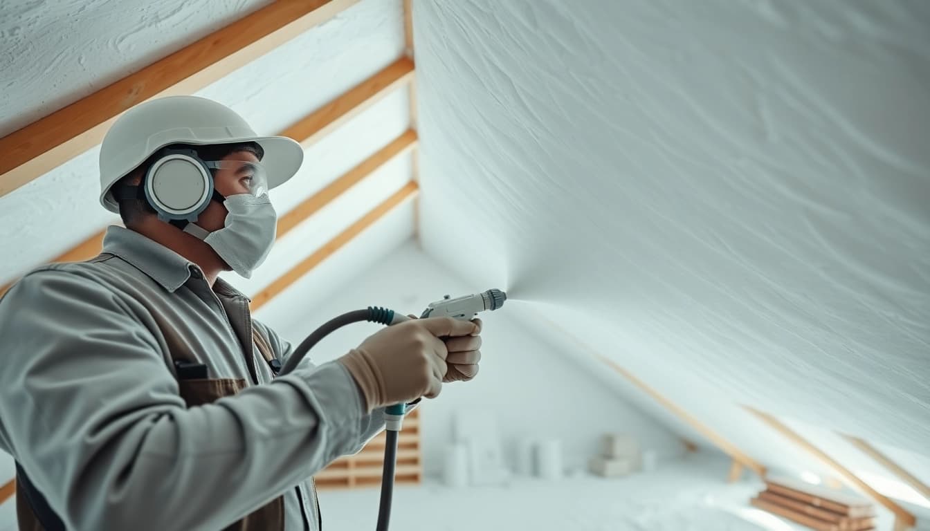 Gain effective spray foam insulation advice from an expert contractor applying insulation in a bright attic.