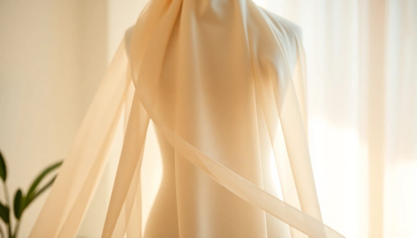 Chiffon stof elegant gedrapeerd op een paspop met een zachte, luchtige textuur.