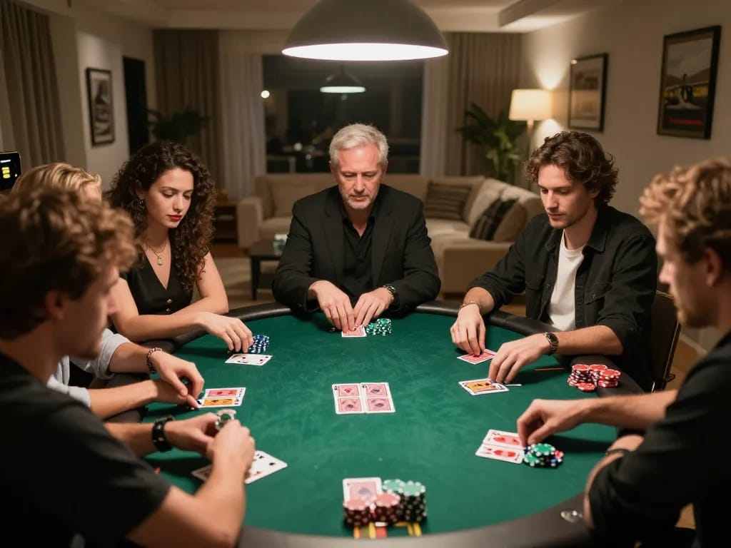 Players enjoying a lively poker game at home, strategizing with chips and cards, TG88 atmosphere