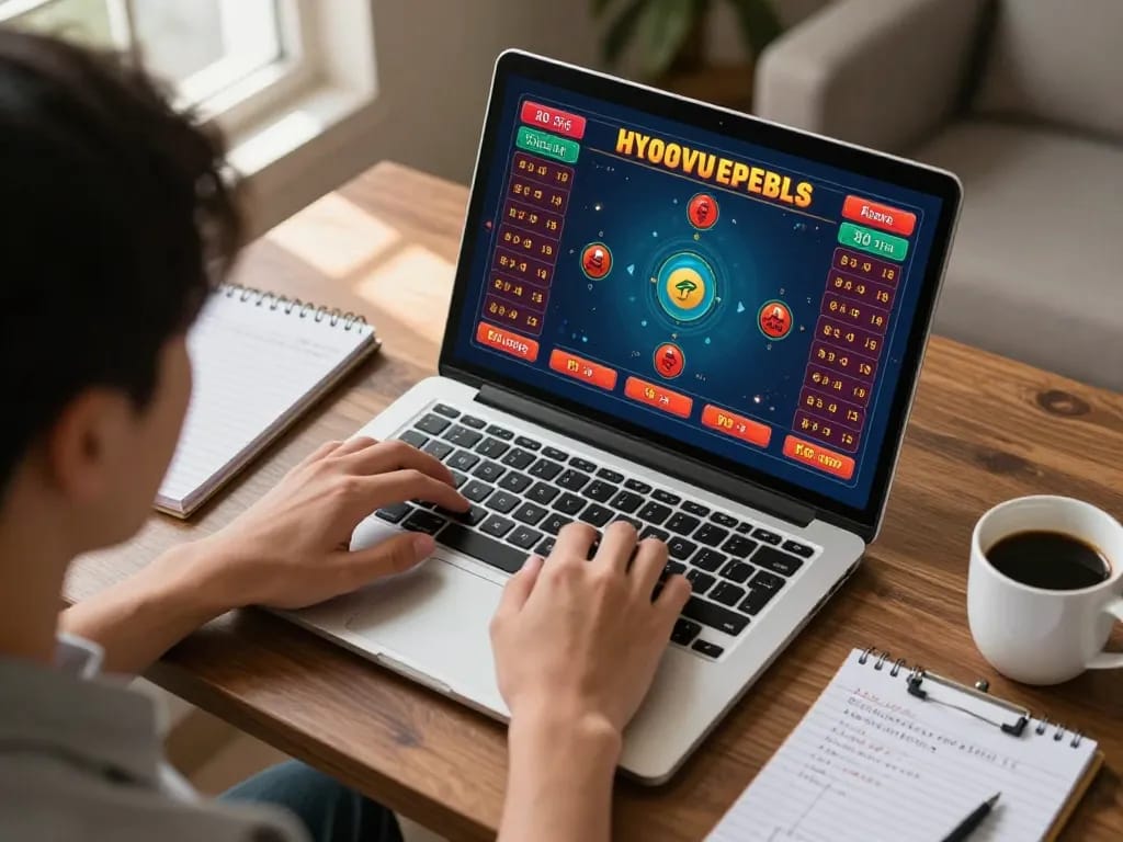 Player analyzing Hongkong Pools game strategy on laptop in a cozy home office setting.