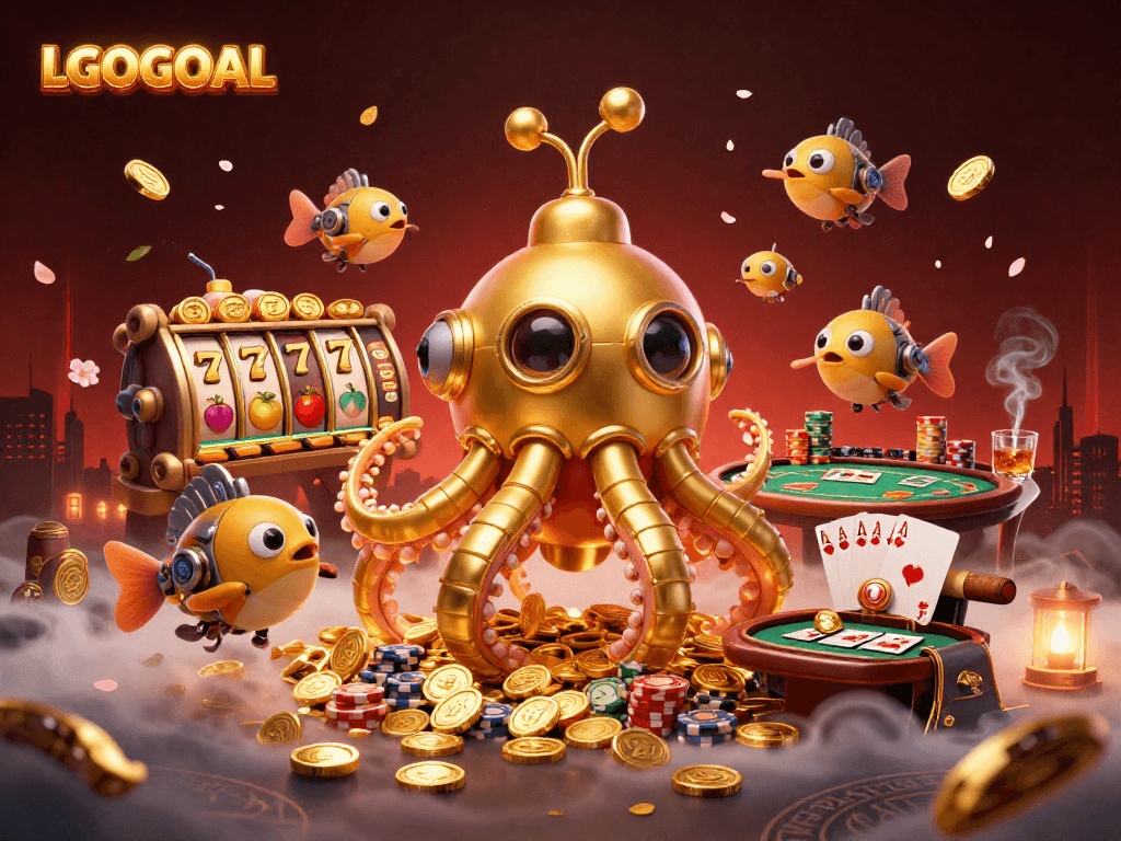 Join the excitement at LGOGOAL with this vibrant 3D casino art showcasing thrilling slot gameplay and poker elements.