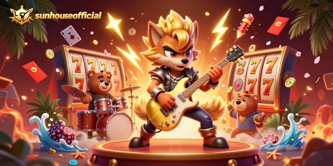 Experience thrilling wins at sunhouseofficial's exciting casino scene featuring vibrant characters and dynamic gaming elements.