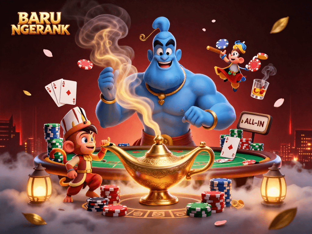 Engage with BARU NGERANK as the genie unleashes vibrant casino energy amidst poker chips and cards.