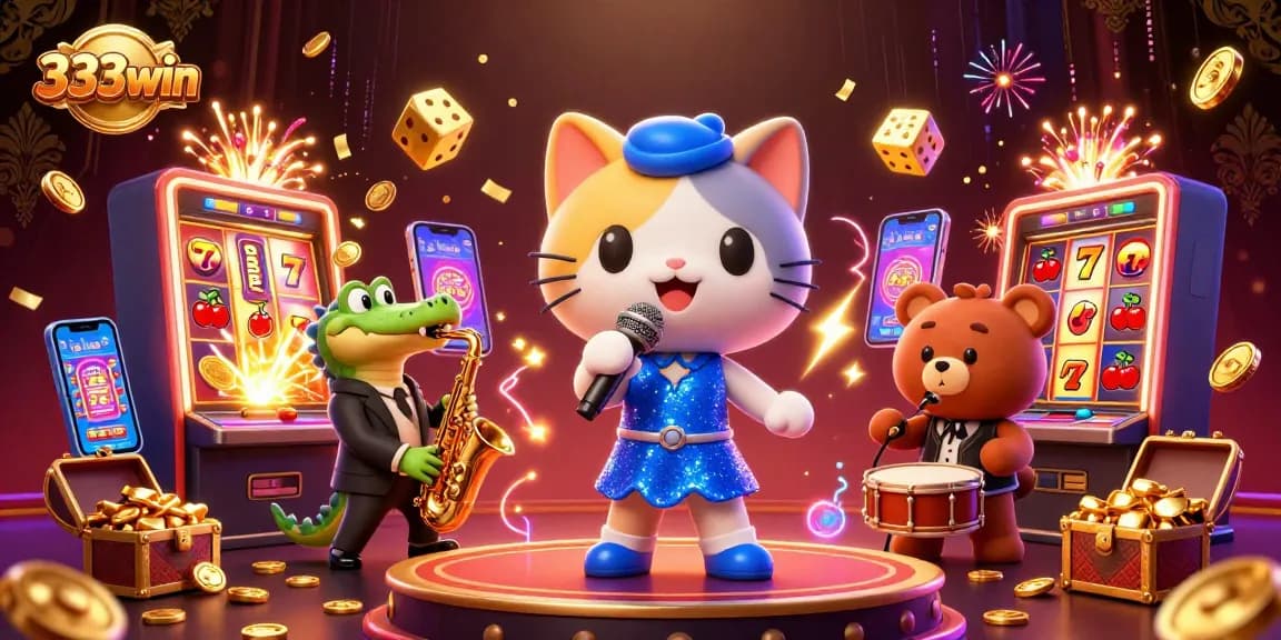 Experience the excitement of 333win's vibrant casino stage with dynamic characters and a dazzling slot machine theme.