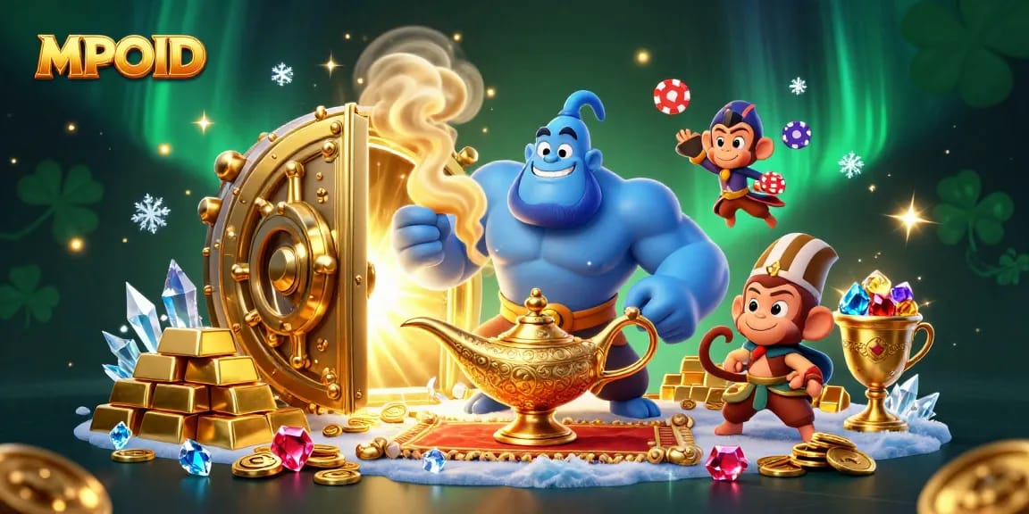 MPOID creates thrilling lottery adventures with a magical genie, vibrant treasures, and casino atmosphere.