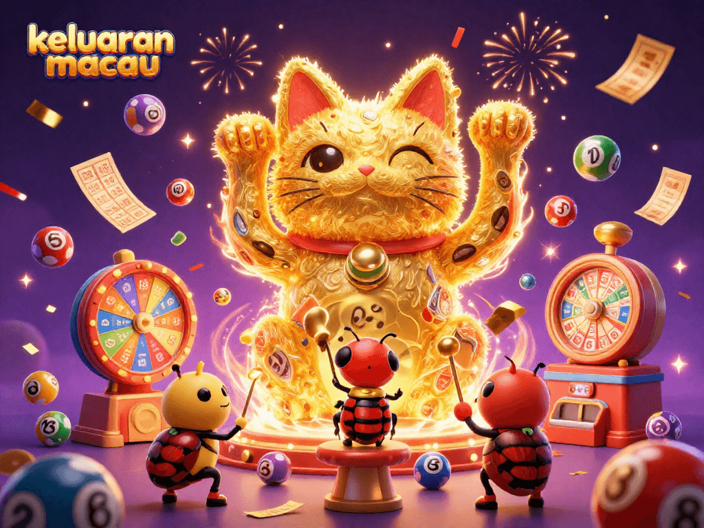 Immerse yourself in keluaran macau as vibrant lottery elements collide with a lucky cat in a colorful casino scene.