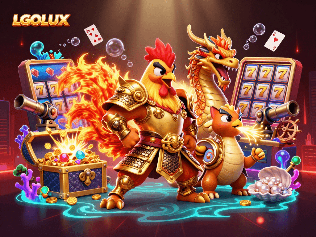 Engage with LGOLUX's energetic gaming experience through vibrant casino scenes featuring dynamic characters and slots.