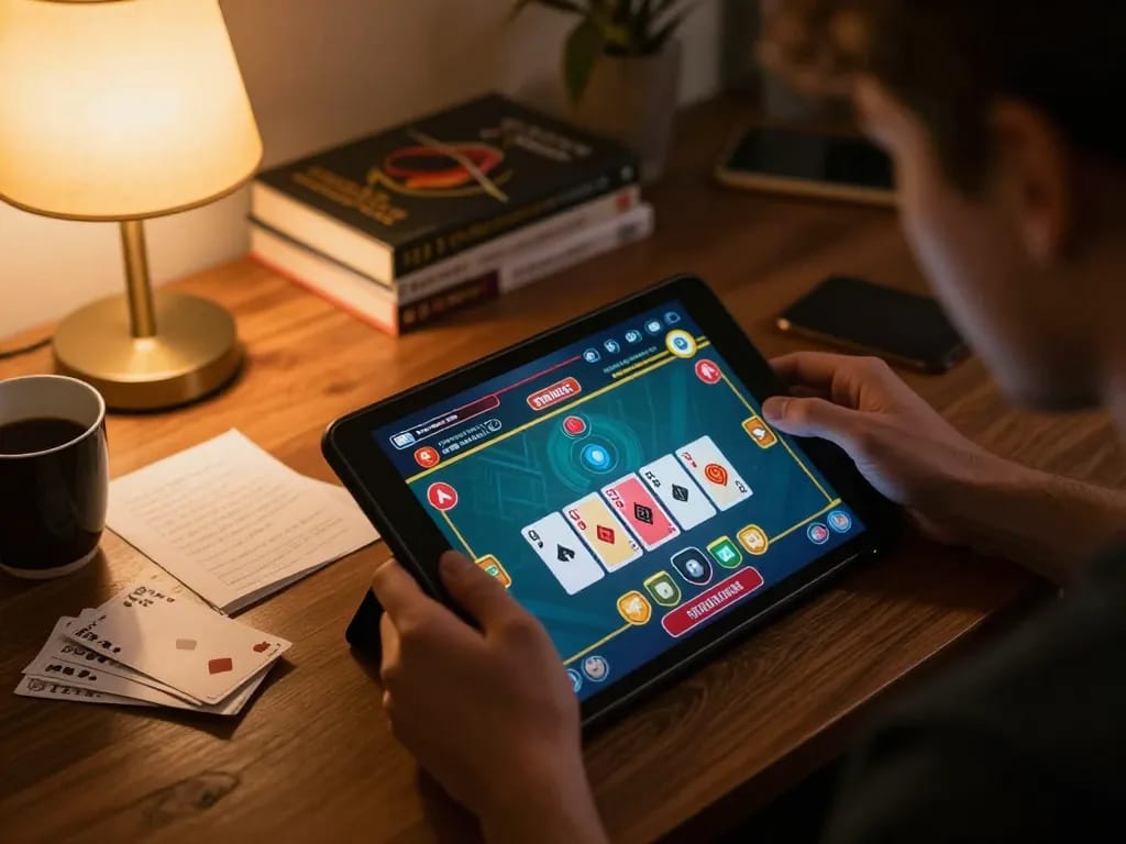 Engaging scene of online gaming with 68gamebaivn on tablet, highlighting responsible gambling.