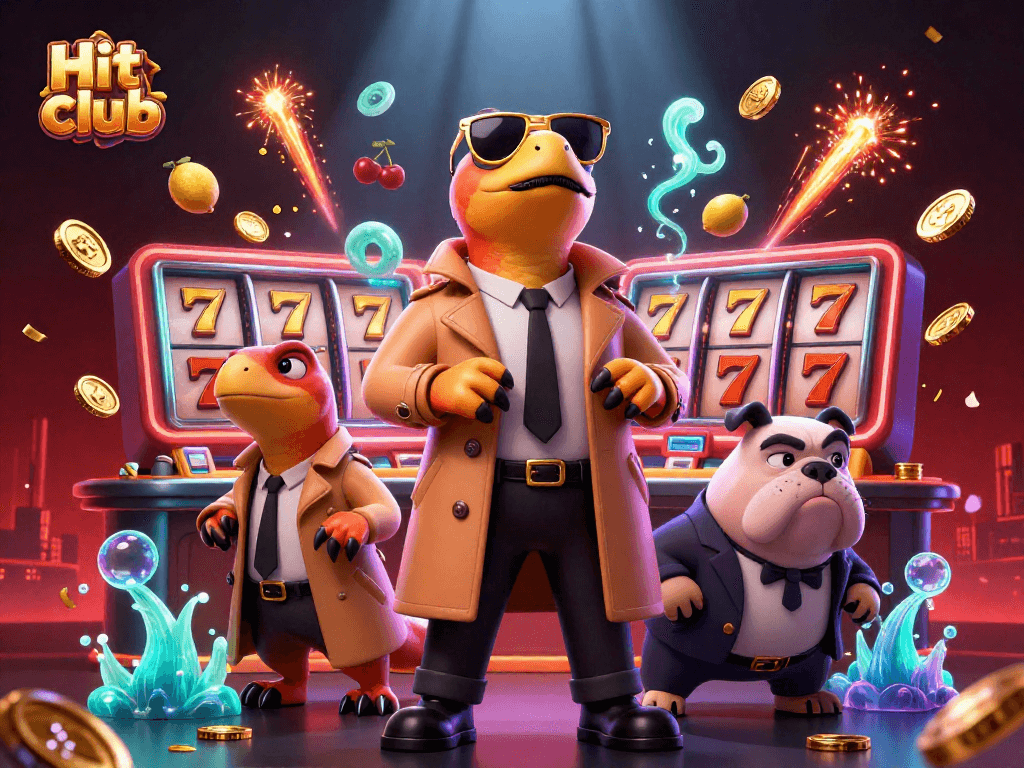 Engage in the Hit club experience with raptors sneaking into a casino, surrounded by vibrant slot elements.