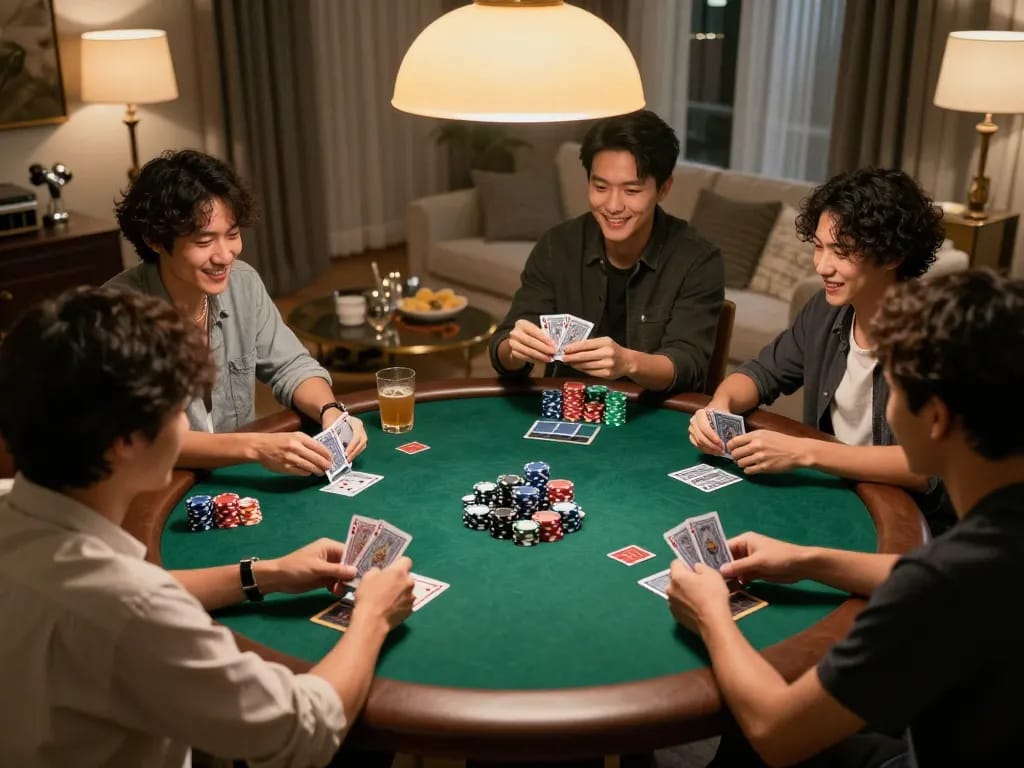 Friends playing poker at home, showcasing MM88 for a social gambling experience.