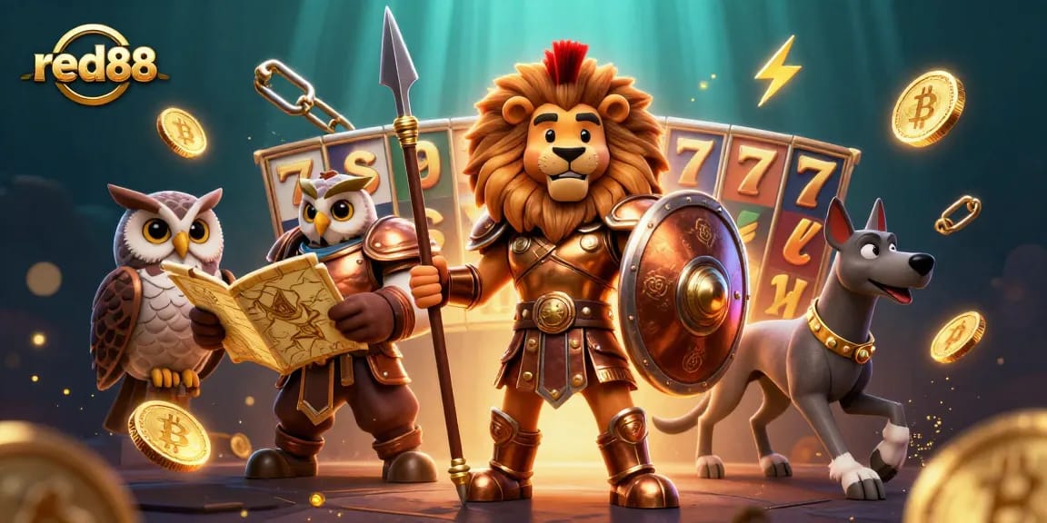 Experience thrilling gameplay with red88 as the Spartan lion leads in a vibrant casino scene.