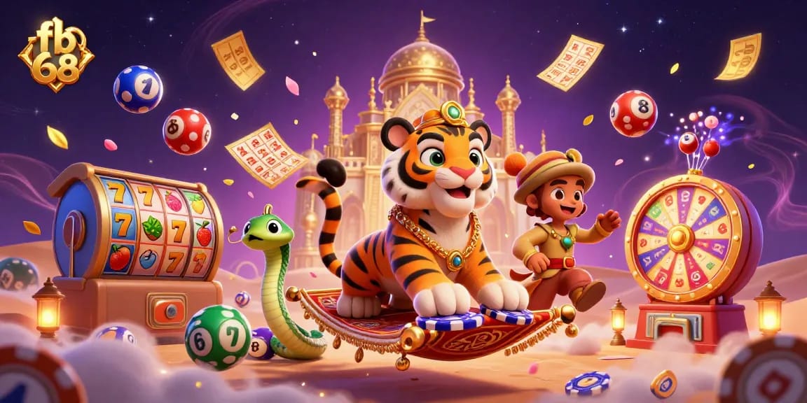 Experience the excitement with fb 68, featuring dynamic slots and a tiger sultan in a vibrant casino scene.