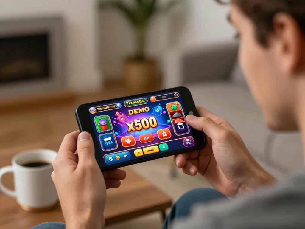 Engaging in Pragmatic Play Demo x500 on mobile device in a cozy home setup, showcasing vibrant graphics.