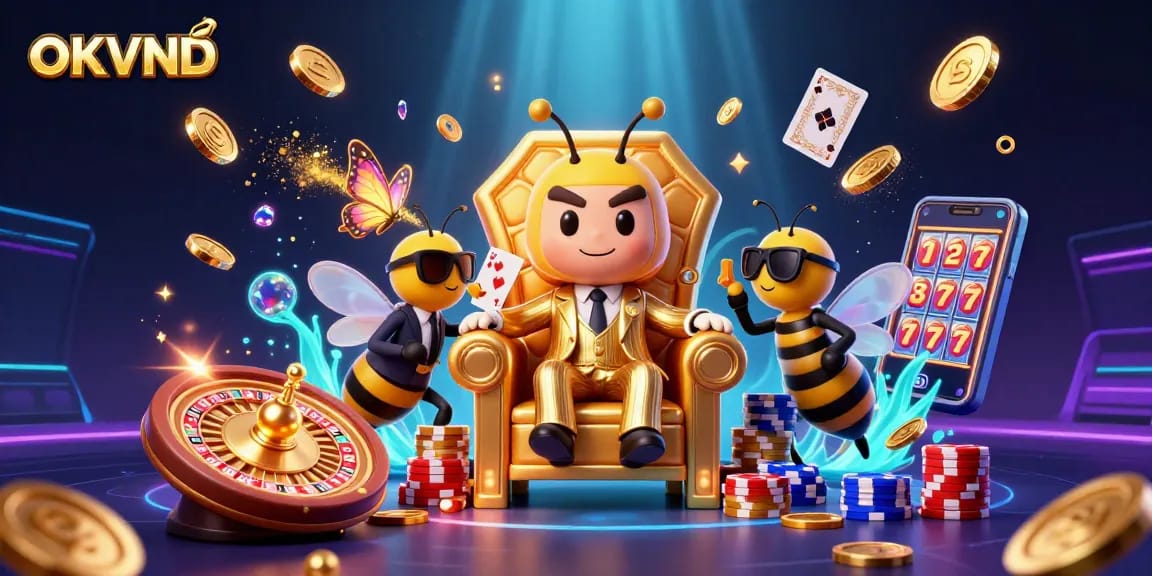 OKVND casino scene with a bumblebee mob boss surrounded by wealth and gaming elements.