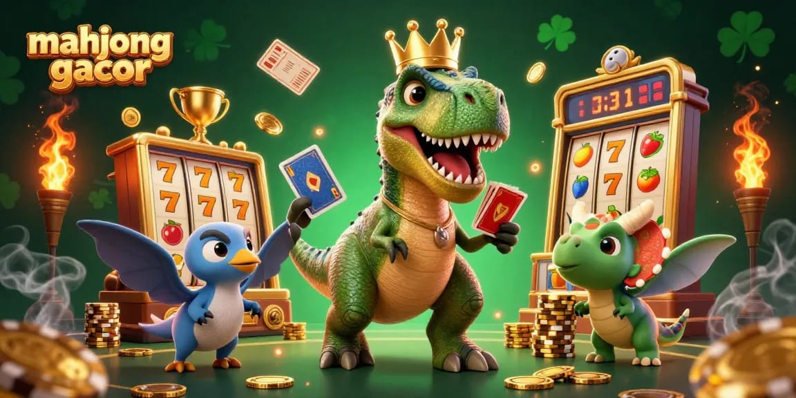 Engage in mahjong gacor as a T-Rex and friends celebrate wins at a vibrant casino scene.