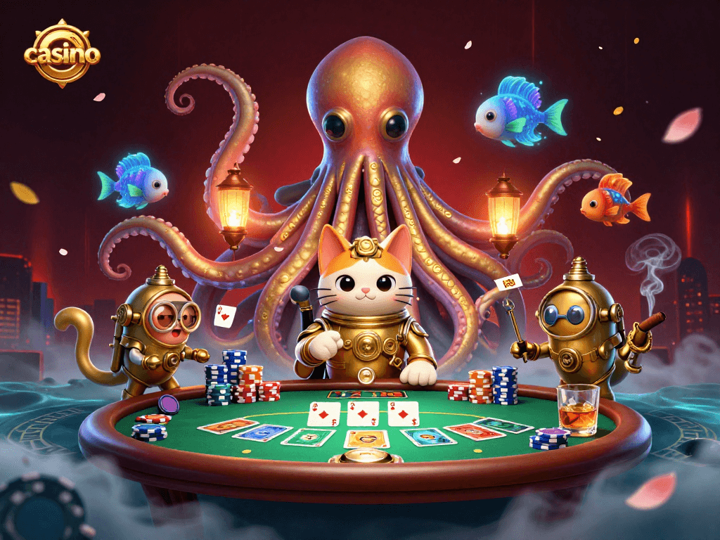 Catching exciting casino action with a kraken and a diving cat amidst vibrant poker elements.