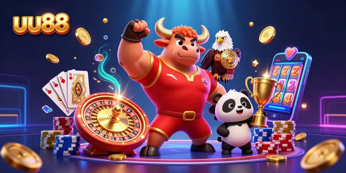 Win big with uu88's thrilling casino action, showcased by a vibrant 3D illustration of characters and gaming elements.