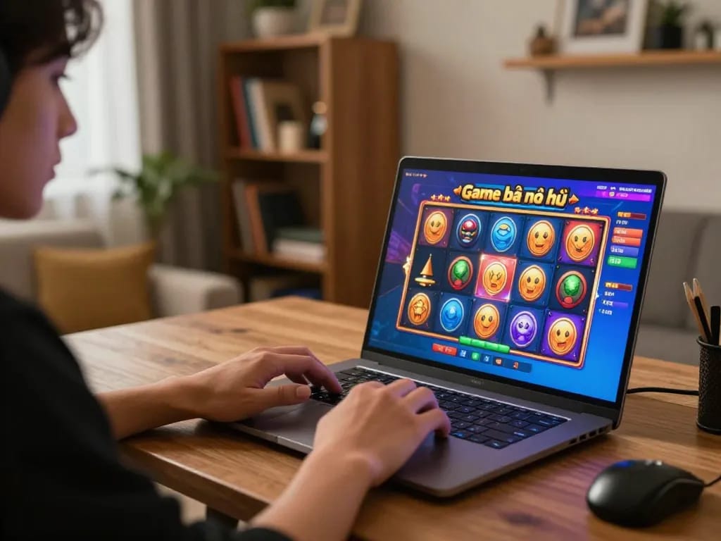 Engaging in Game bài nổ hũ online with a laptop in a cozy home setup.