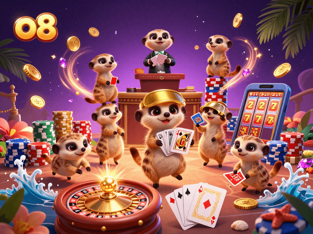 Experience thrilling gaming at o8 with meerkats juggling chips in a vibrant casino.