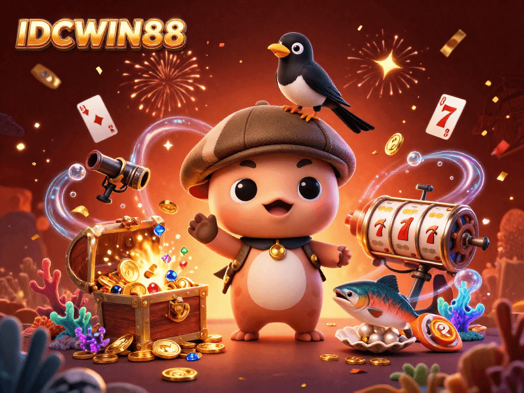 Experience the thrill of winning with IDCWIN88 as playful characters and slot elements surround a vibrant casino atmosphere.