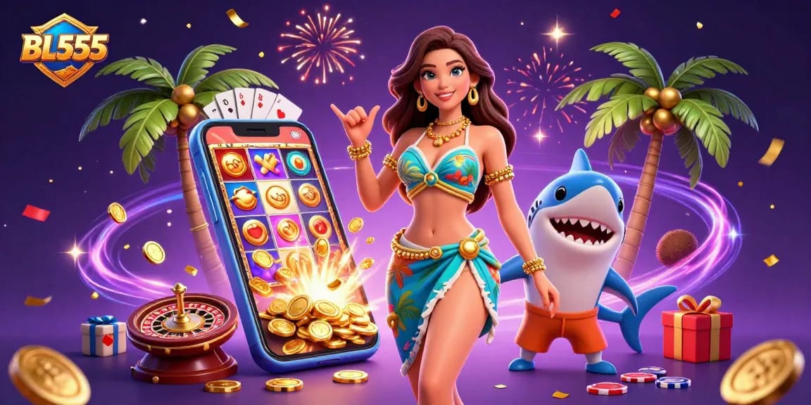 Experience the thrill of winning at BL555 with vibrant casino elements and stunning characters.