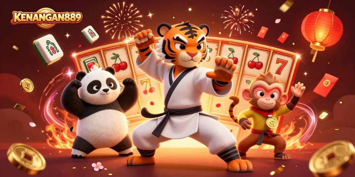Spin to win with KENANGAN889 featuring the kung fu tiger master amidst vibrant casino elements.