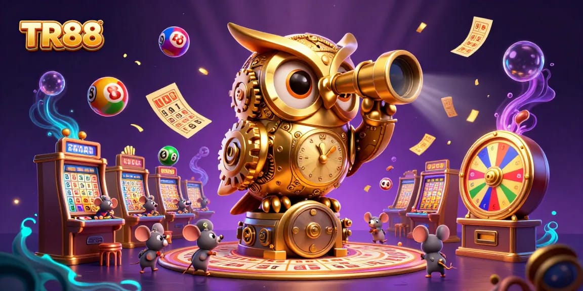 TR88's vibrant casino scene showcases a golden owl scanning for winning lottery balls amidst a dynamic gaming atmosphere.