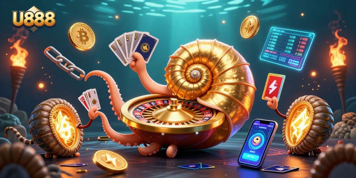 Experience U888's vibrant casino world with a 3D nautilus roulette wheel and glowing crypto coins.