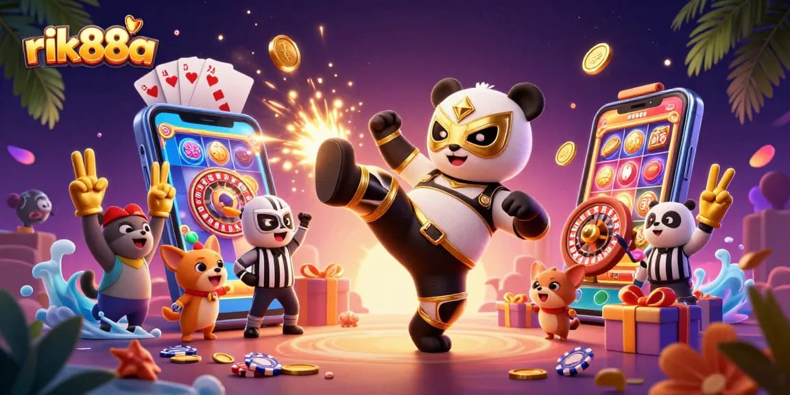 Engage with rik88a by witnessing a panda wrestler's flying kick amidst a vibrant casino scene