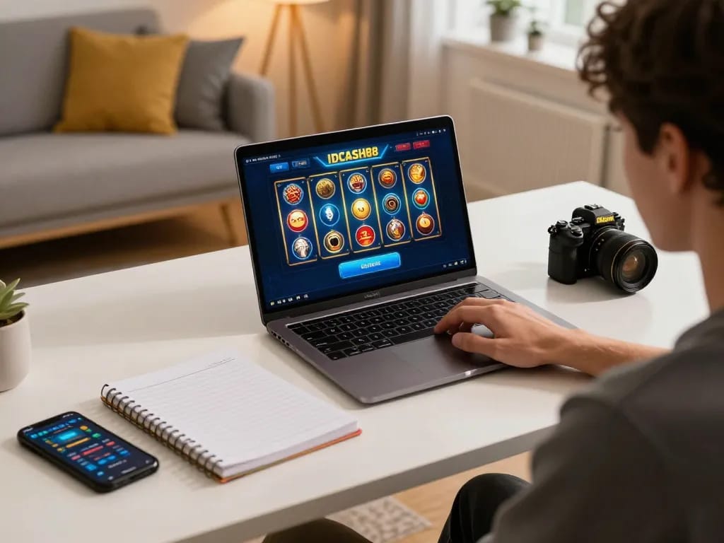 IDCASH88 Slot session in a cozy home setting with a player immersed in online gambling strategy.