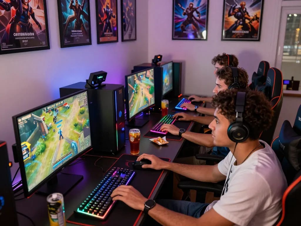 Friends enjoying an immersive gaming session on www.mantra88.com, featuring vibrant graphics and gaming peripherals in a cozy atmosphere.