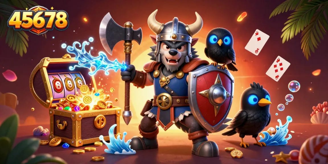 Experience thrilling gameplay at 45678 with an epic Viking warrior and dragon amidst sparkling jackpots.