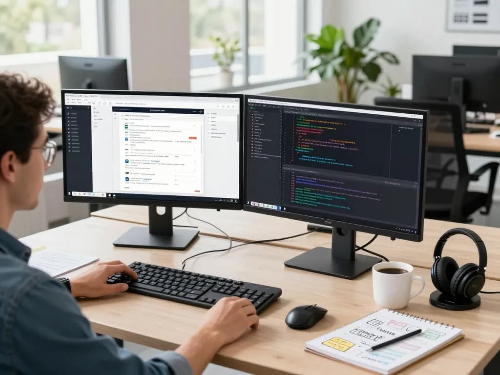 Dynamic tech gadgets for productivity in a modern workspace with dual monitors and ergonomic setup.