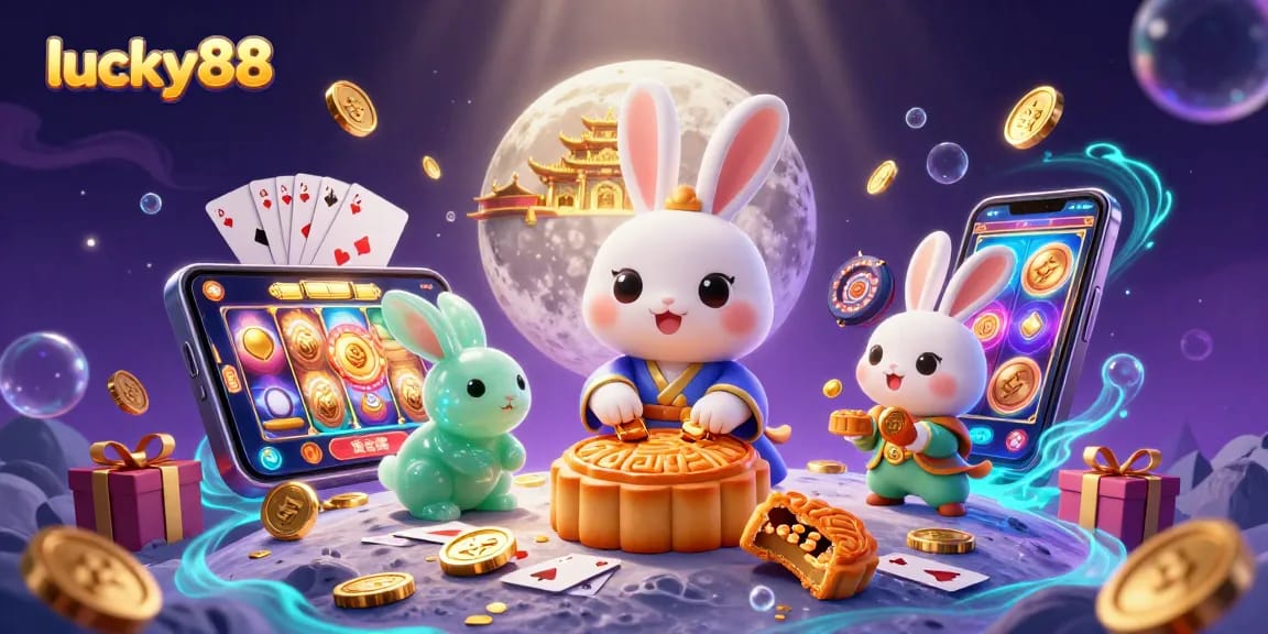 Spin the lucky88 slots with golden moon rabbit in vibrant casino scene.